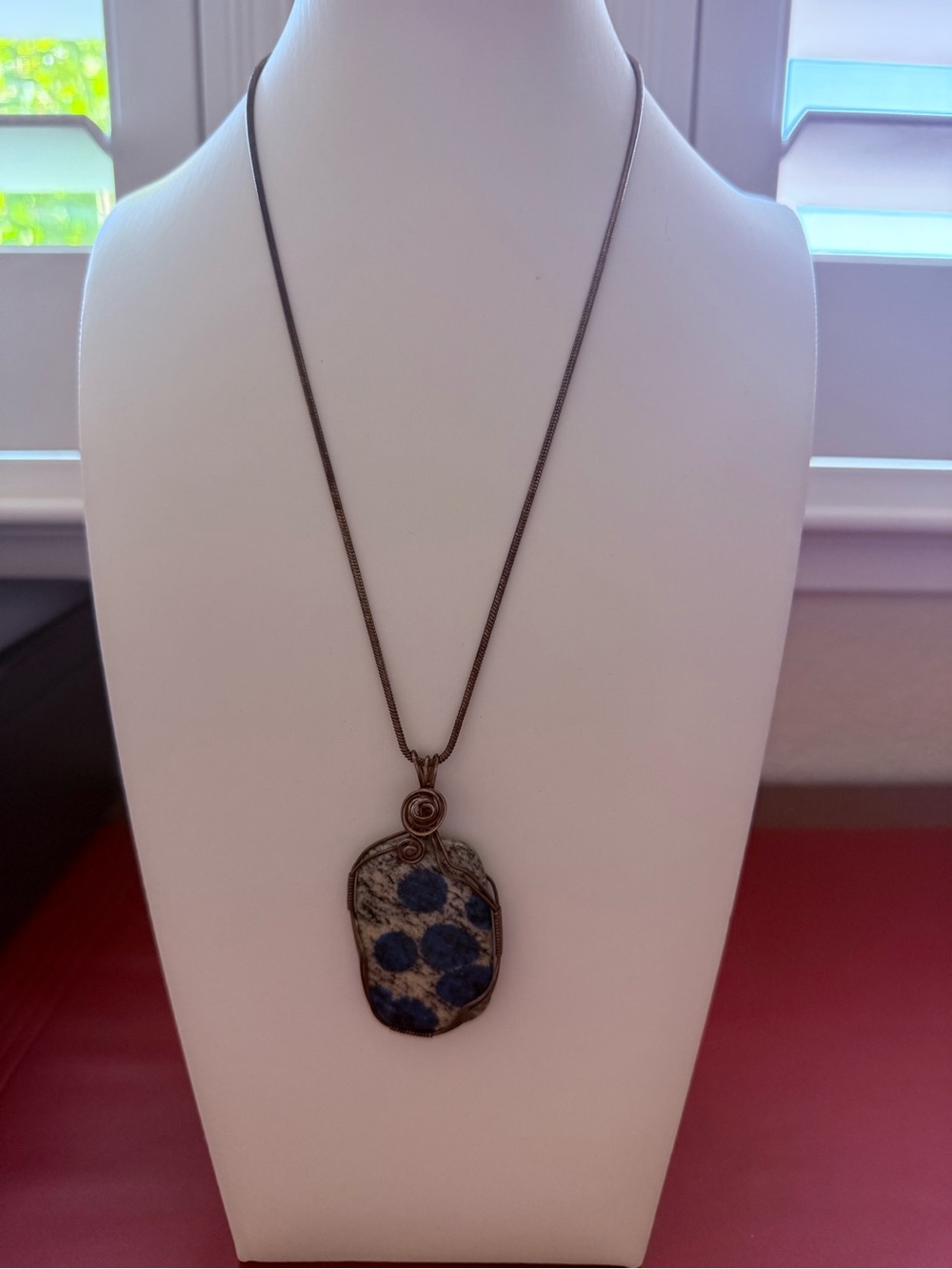 Artisan Gray & Blue Spotted K2 Jasper Silver Wire-Wrapped Necklace Pendant
